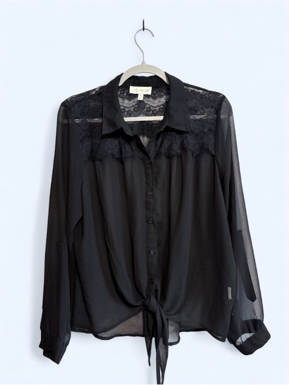 Sheer black and lace button down with tie front
